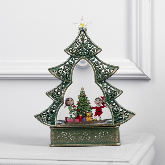 Светодиодная фигура &laquo;Ёлка с детьми и ёлкой&raquo; 23 &times; 29 &times; 9.5 см, пластик, батарейки ААх3 (не в комплекте), USB, свечение тёплое белое