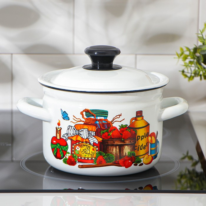 Кастрюля эмалированная, 2 л, индукция, деколь МИКС, цвет белый