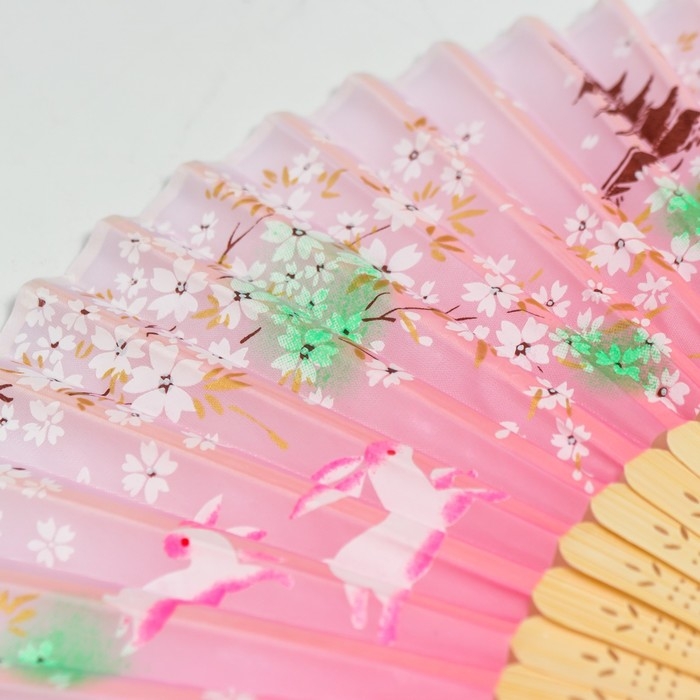 Веер дерево, текстиль h=21 см Веер дерево, текстиль h=21 см "Зайчики у сакуры" розовый, с кисточкой