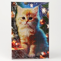 Алмазная мозаика на новый год с частичным заполнением на подрамнике &laquo;Котенок&raquo;, 20 х 30 см, с гирляндой, новогодний набор для творчества
