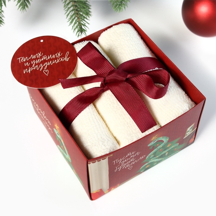 Набор махровых полотенец Набор махровых полотенец "Змея на ёлке" 30х30 см - 3 шт, хлопок 340гр/м2