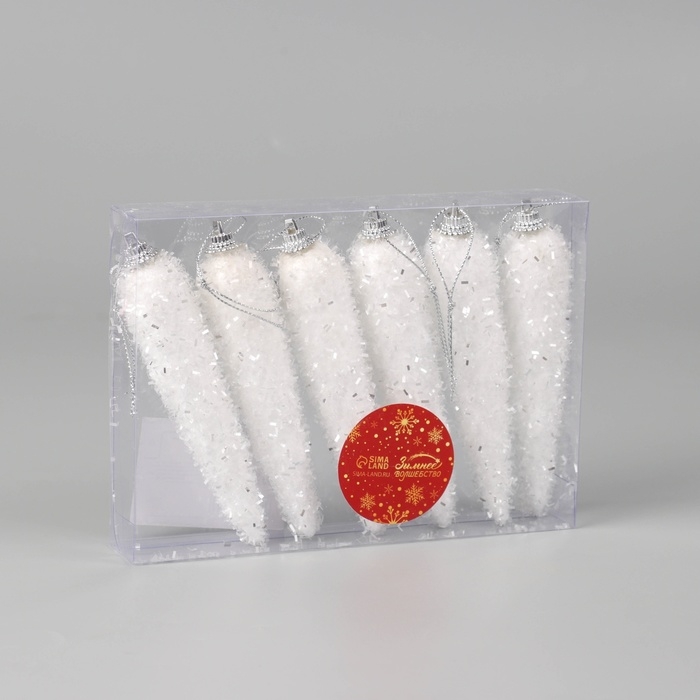 Украшение ёлочное "Сосулька пушистая сияние" (набор 6 шт) 12,5х2.5 см, белый