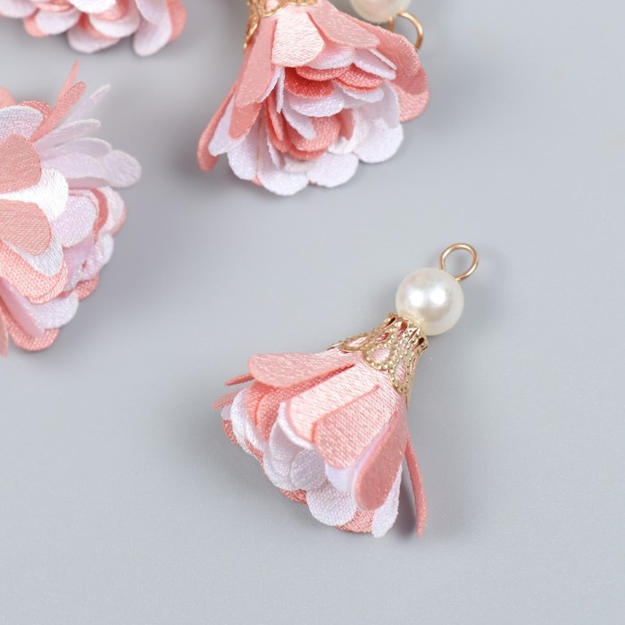 Декор текстиль Декор текстиль "Цветок 2 цвета с жемчужиной. Нежно-розовый и белый" набор 6 шт 3 см