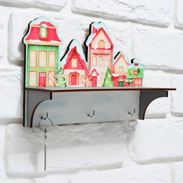 Ключница настенная новогодняя &laquo;Заснеженные дома&raquo;, на Новый год