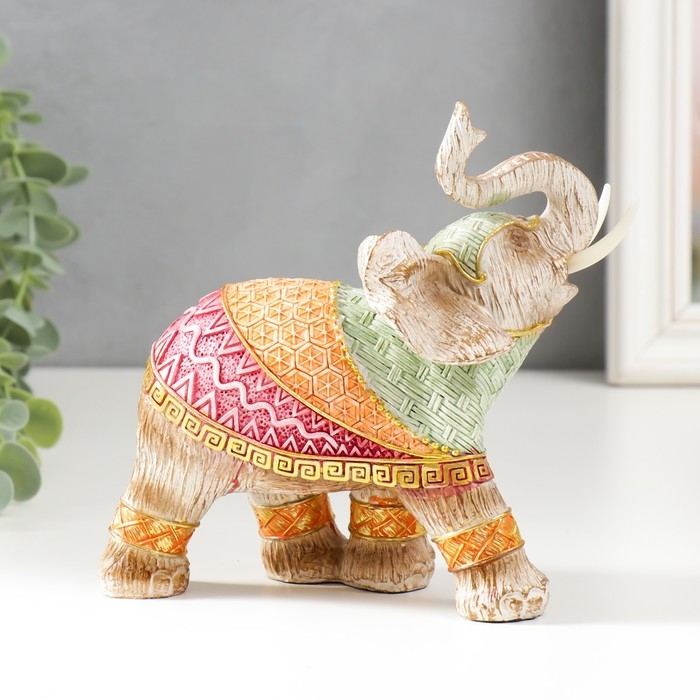 Сувенир полистоун "Слон в разноцветной попоне с рисунками" под дерево МИКС 15х16х7,7 см