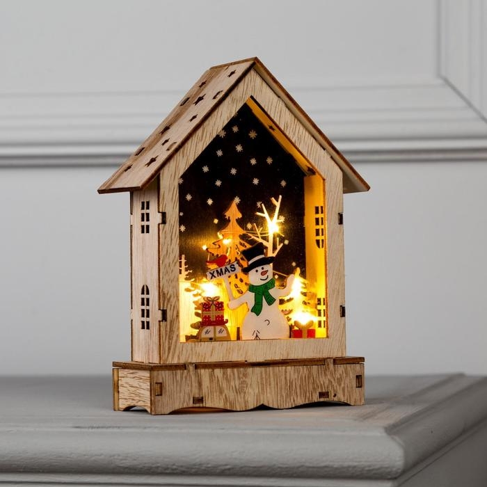 Светодиодная фигура &laquo;Дом со снеговиком&raquo; 12 &times; 17 &times; 4 см, дерево, батарейки АААх2 (не в комплекте), свечение тёплое белое