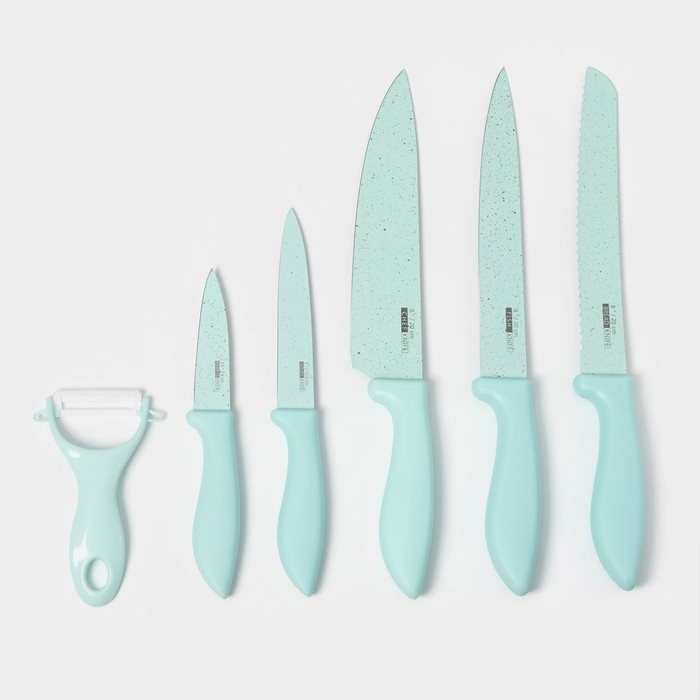 Набор кухонных принадлежностей &laquo;Клауд&raquo;, 6 предметов: 5 ножей, овощечистка из керамики, цвет бирюзовый