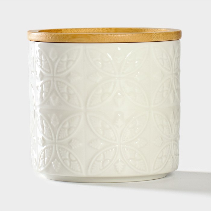 Банка для хранения сыпучих продуктов BellaTenero &laquo;Листья&raquo;, 300 мл, d=8,5 см, с бамбуковой крышкой, фарфоровая, цвет белый