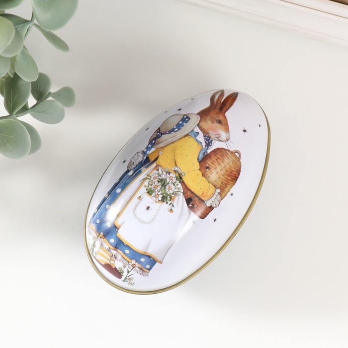 Шкатулка металл яйцо Шкатулка металл яйцо "Зайка с улеем и ромашками" 6х6,7х11 см