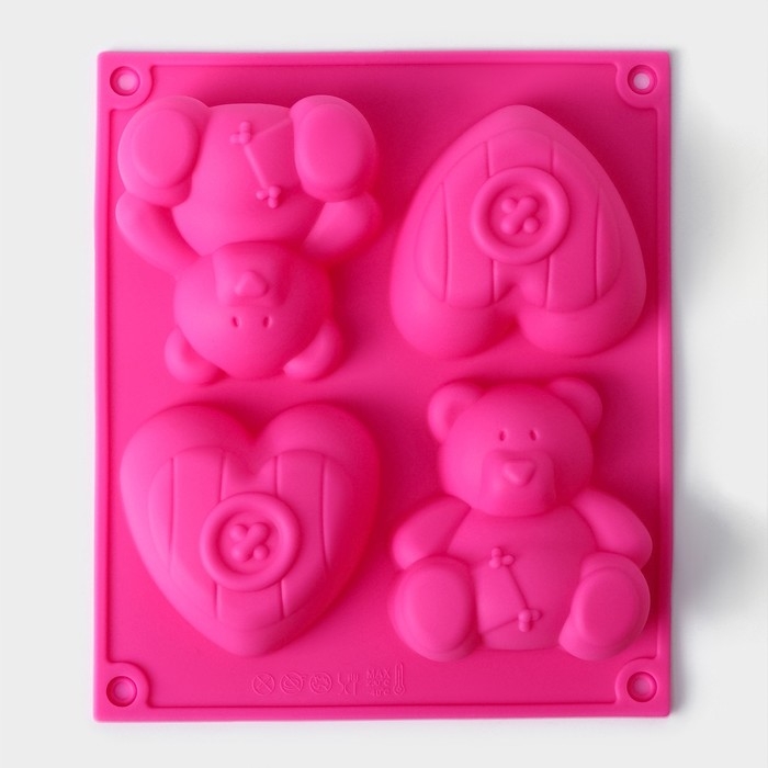 Форма для выпечки Доляна &laquo;Мишка и сердце&raquo;, силикон, 17&times;15 см, 4 ячейки, цвет розовый