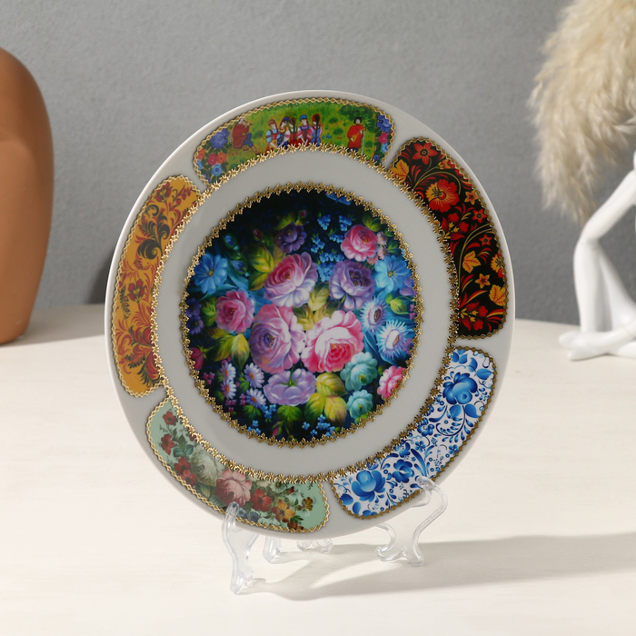 Тарелка декоративная "Русские мотивы. Жостовская роспись", настенная, d=20 см, ручная работа