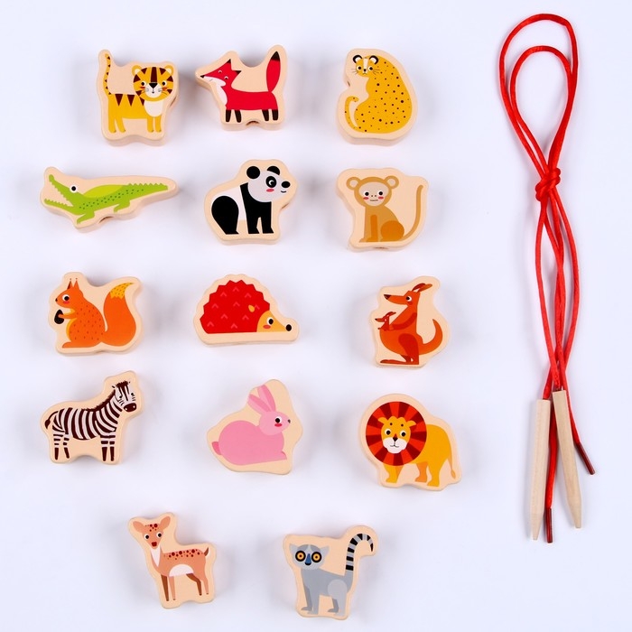 Детская деревянная игрушка 2 в1 балансир + шнуровка &laquo;Зверята&raquo; 18 &times; 9,5 &times; 10 см