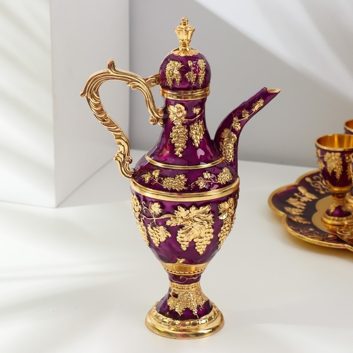 Набор винный кувшин, 6 бокалов и поднос "Турция. Виноград" фиолетовый с золотом