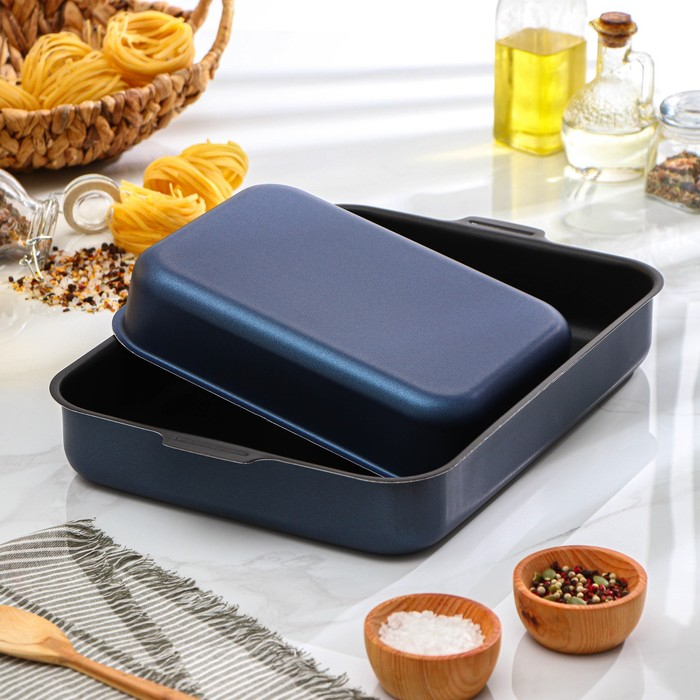 Набор противней с цельными ручками, без крышек, 2 предмета: 19×25 см, 27×35 см, h=6 см, антипригарное покрытие, цвет синий Набор противней с цельными ручками, без крышек, 2 предмета: 19×25 см, 27×35 см, h=6 см, антипригарное покрытие, цвет синий