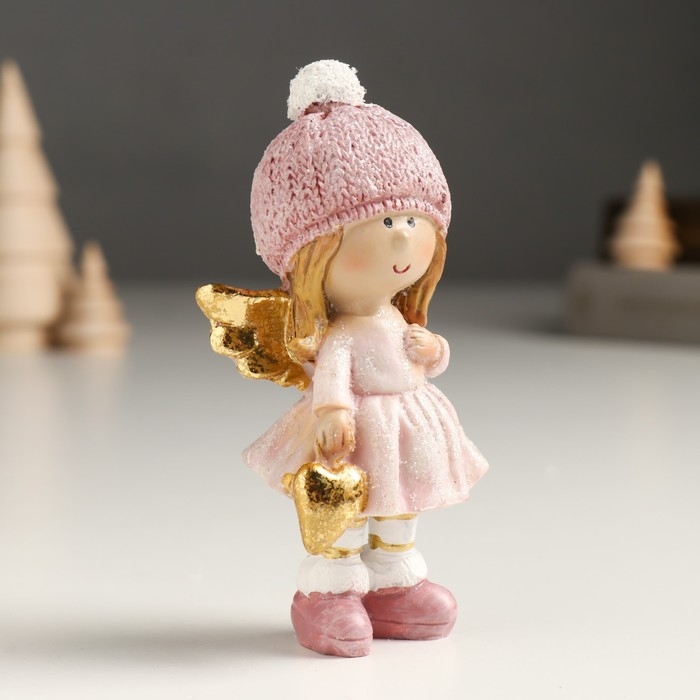 Сувенир полистоун "Малышка-ангел в розовом, с золотым сердцем" блёстки 4х6х10,5 см