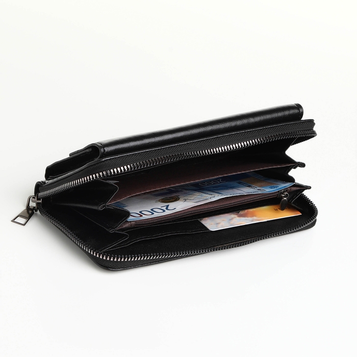 Портмоне мужское на молнии, отдел для карт, монет, цвет чёрный