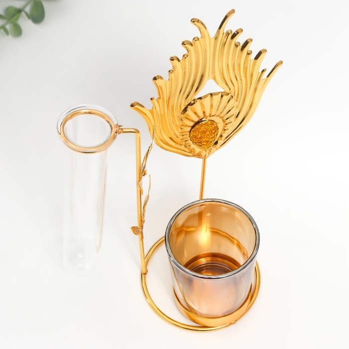 Подсвечник металл, стекло на 1 свечу с вазой Подсвечник металл, стекло на 1 свечу с вазой "Золотое перо павлина" d-5 см, 7,5х12х17,5 см