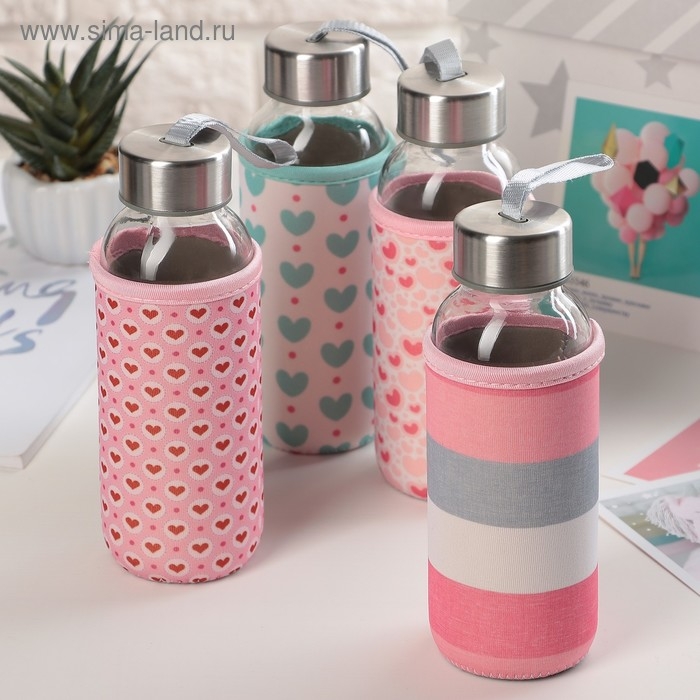 Бутылка для воды стеклянная в чехле &laquo;Ваниль&raquo;, 300 мл, h=17 см, рисунок МИКС