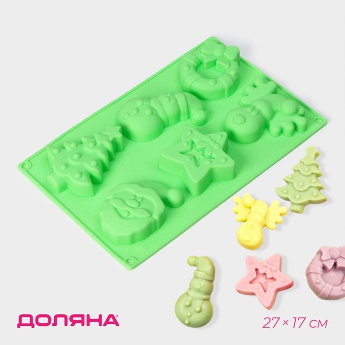 Форма для выпечки новогодняя Доляна «Новый год», силикон, 27×17×2 см, 6 ячеек, цвет зелёный Форма для выпечки новогодняя Доляна «Новый год», силикон, 27×17×2 см, 6 ячеек, цвет зелёный
