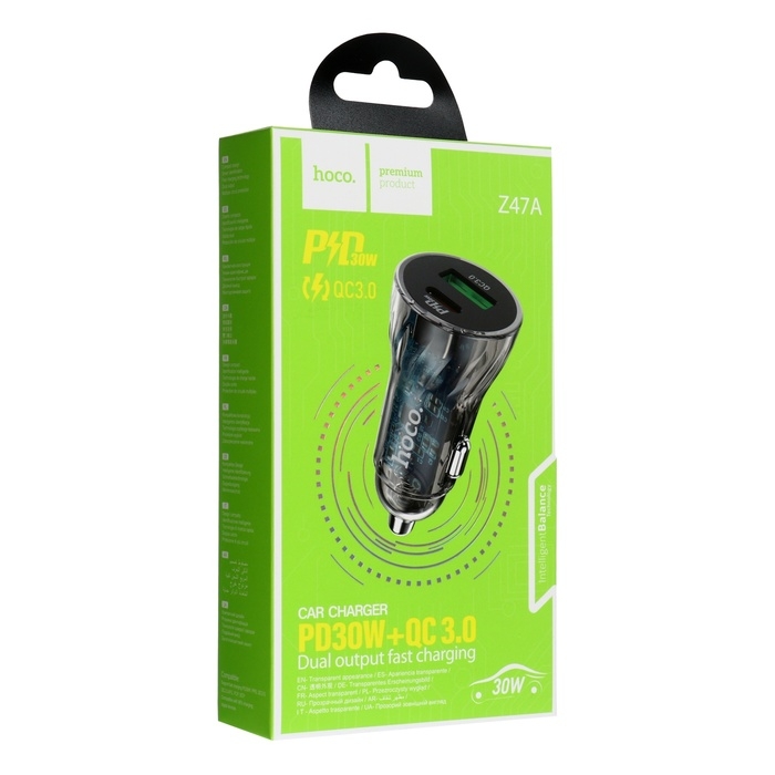 Автомобильное зарядное устройство Hoco Z47A, прозрачное, Type-C, USB, 30 Вт, PD+QC, синий Автомобильное зарядное устройство Hoco Z47A, прозрачное, Type-C, USB, 30 Вт, PD+QC, синий
