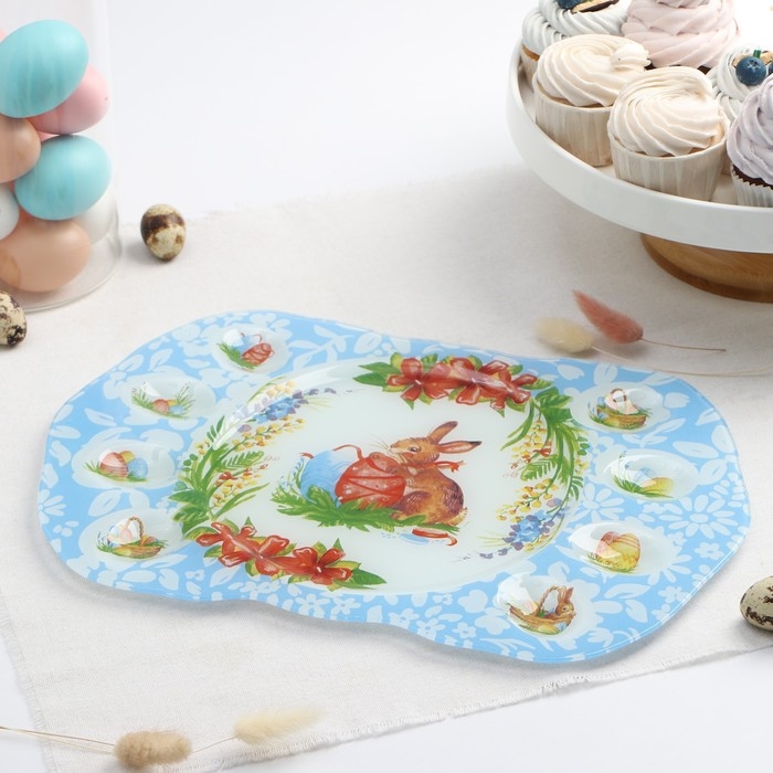 Подставка стеклянная для яиц Доляна &laquo;Праздничный кролик&raquo;, 37&times;24,5 см, 8 ячеек
