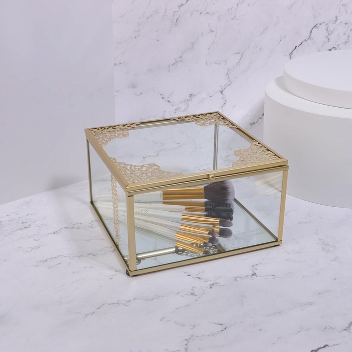 Органайзер для хранения &laquo;GREAT&raquo;, с крышкой, стеклянный, с зеркальным дном, 1 секция, 15 &times; 15 &times; 8,5 см, цвет прозрачный/медный