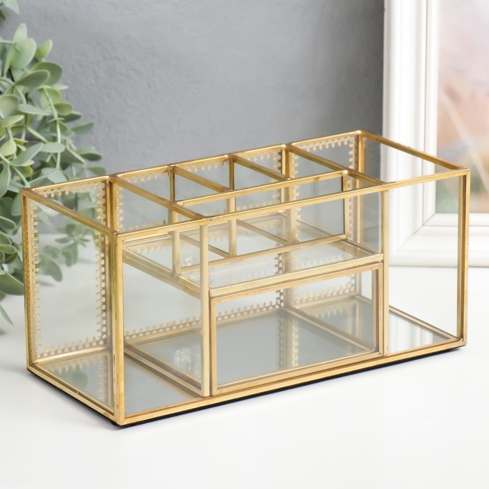 Шкатулка стекло для косметики и украшений с ящичком Шкатулка стекло для косметики и украшений с ящичком "Золотой узор" 10,3х10,3х23,3 см