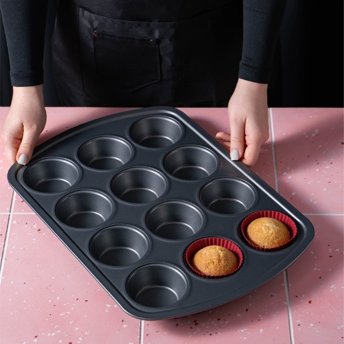 Форма для выпечки Доляна «Круг», 40×28×4 см, 12 ячеек, антипригарное покрытие, цвет чёрный Форма для выпечки Доляна «Круг», 40×28×4 см, 12 ячеек, антипригарное покрытие, цвет чёрный