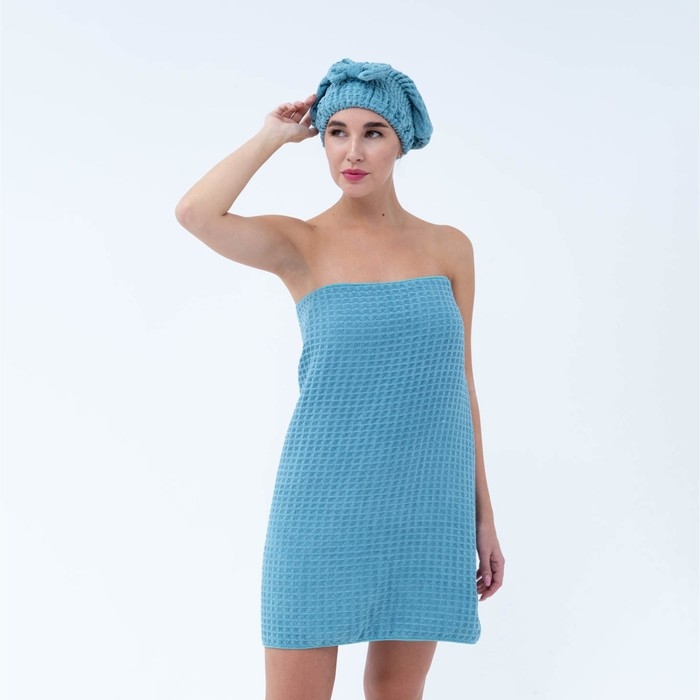 Набор для бани и ванной Этель «Вафля» полотенце 70*140 см+чалма 21*25 см, цв.синий Набор для бани и ванной Этель «Вафля» полотенце 70*140 см+чалма 21*25 см, цв.синий