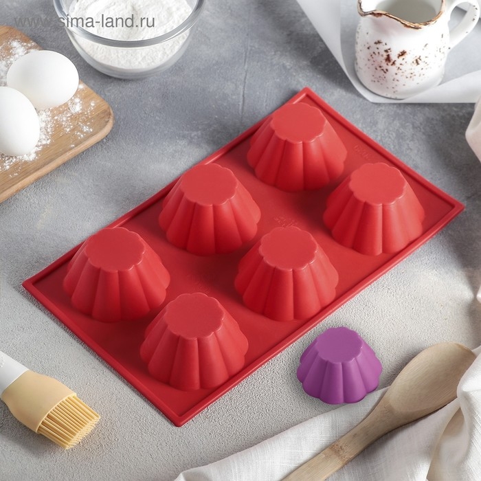 Форма для выпечки Доляна &laquo;Сладости. Пудинг&raquo;, силикон, 29,5&times;17,5 см, 6 ячеек (7,7&times;4 см), цвет МИКС