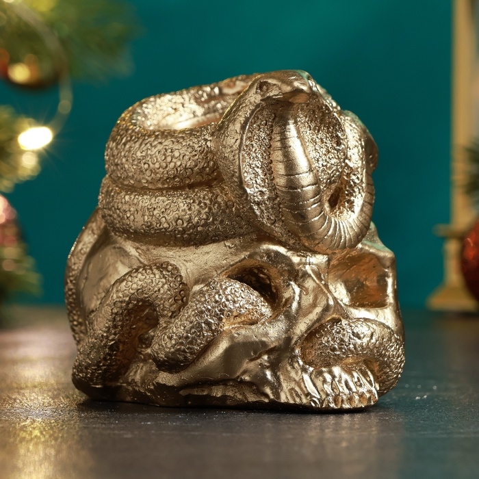 Новый год. Символ 2025. Подсвечник новогодний Новый год. Символ 2025. Подсвечник новогодний "Череп со змеей" 9см, золото