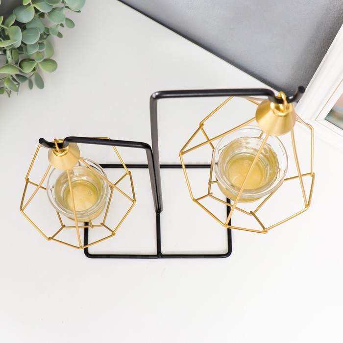 Подсвечник металл, стекло на 2 свечи Подсвечник металл, стекло на 2 свечи "Пирамида в треугольнике" чёрный 36х11х15 см