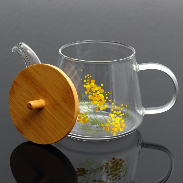 Чайник стеклянный заварочный с бамбуковой крышкой &laquo;Нежная мимоза&raquo;, 600 мл