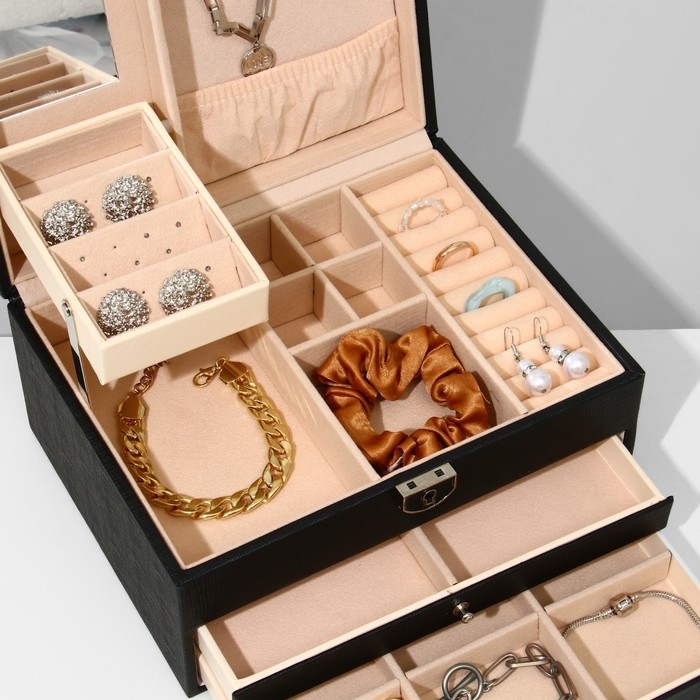 Подставка для украшений &laquo;Шкатулка&raquo; раздвижная с зеркалом, 22&times;17&times;11,5, цвет чёрный