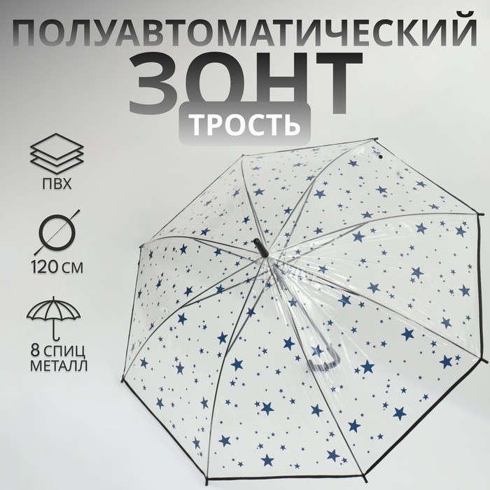 Зонт - трость полуавтоматический &laquo;Узор&raquo;, 8 спиц, R = 54/60 см, D = 120 см, цвет прозрачный/синий