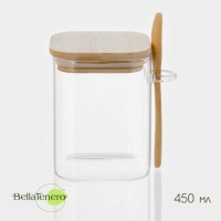Банка стеклянная для сыпучих продуктов с бамбуковой крышкой и ложкой BellaTenero «Эко», 450 мл, 10,5×8,2×10,5 см Банка стеклянная для сыпучих продуктов с бамбуковой крышкой и ложкой BellaTenero «Эко», 450 мл, 10,5×8,2×10,5 см