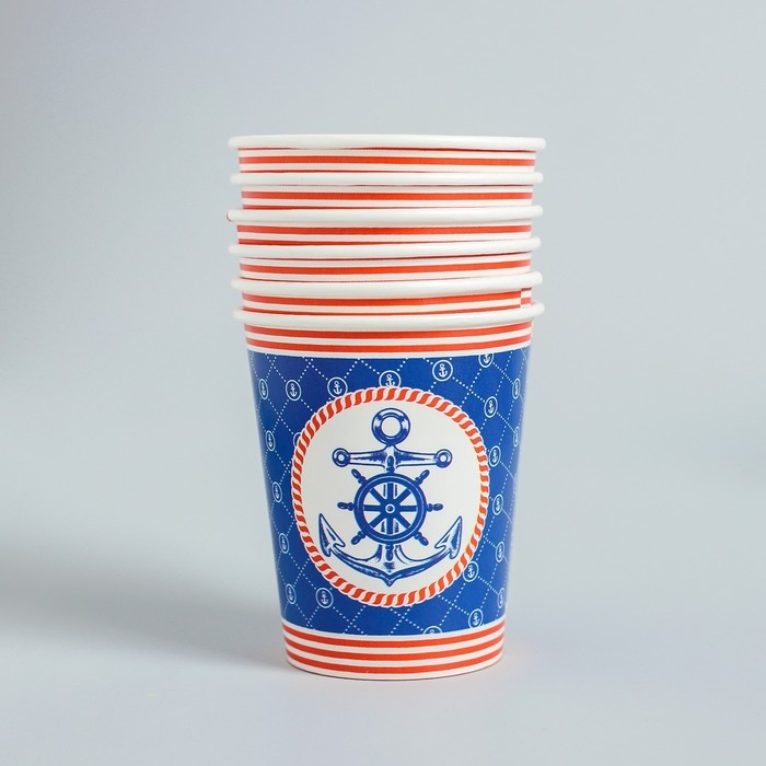Набор бумажной посуды одноразовый С днём рождения&raquo;, морской якорь: 6 тарелок, 6 стаканов, 6 колпаков, 1 гирлянда