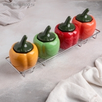 Набор банок керамических для сыпучих продуктов на металлической подставке &laquo;Перцы&raquo;, 4 предмета: 400 мл