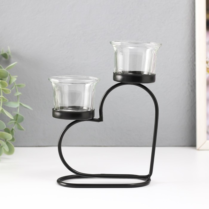 Подсвечник металл, стекло на 2 свечи Подсвечник металл, стекло на 2 свечи "Сердце" d=2-5 см чёрный 12х6х17,5 см