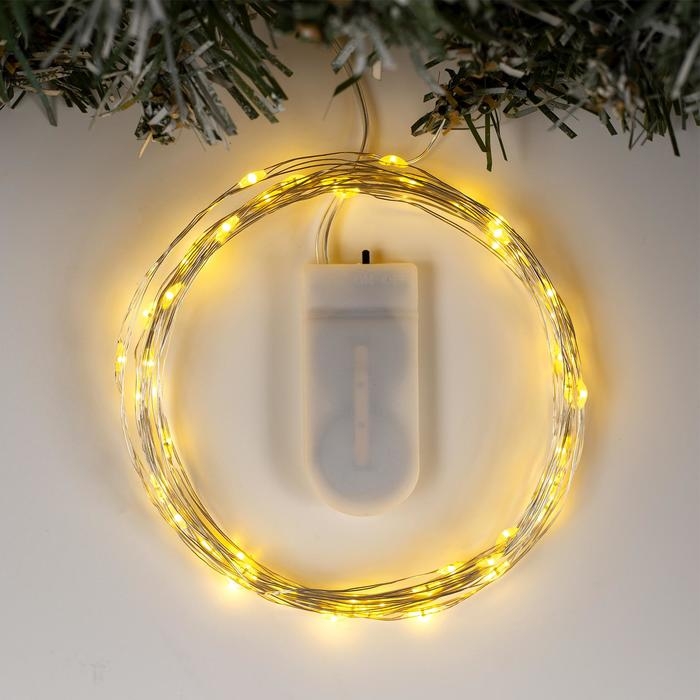 Гирлянда «Нить» 5 м роса, IP20, серебристая нить, 50 LED, батарейки CR2032х2 (в комплекте), свечение жёлтое Гирлянда «Нить» 5 м роса, IP20, серебристая нить, 50 LED, батарейки CR2032х2 (в комплекте), свечение жёлтое