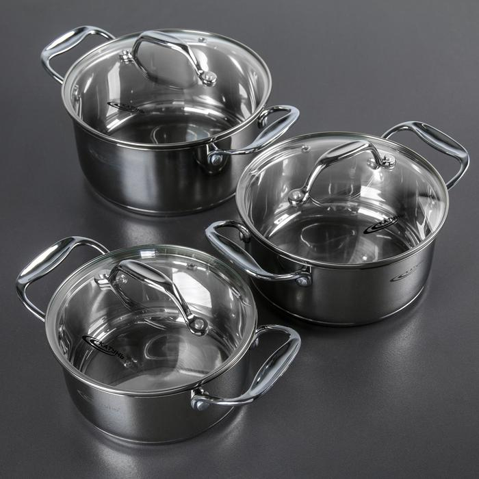 Набор кастрюль &laquo;Ника&raquo;, 3 предмета: 1,6 л, 2,2 л, 3,2 л, стеклянные крышки, капсульное дно, индукция