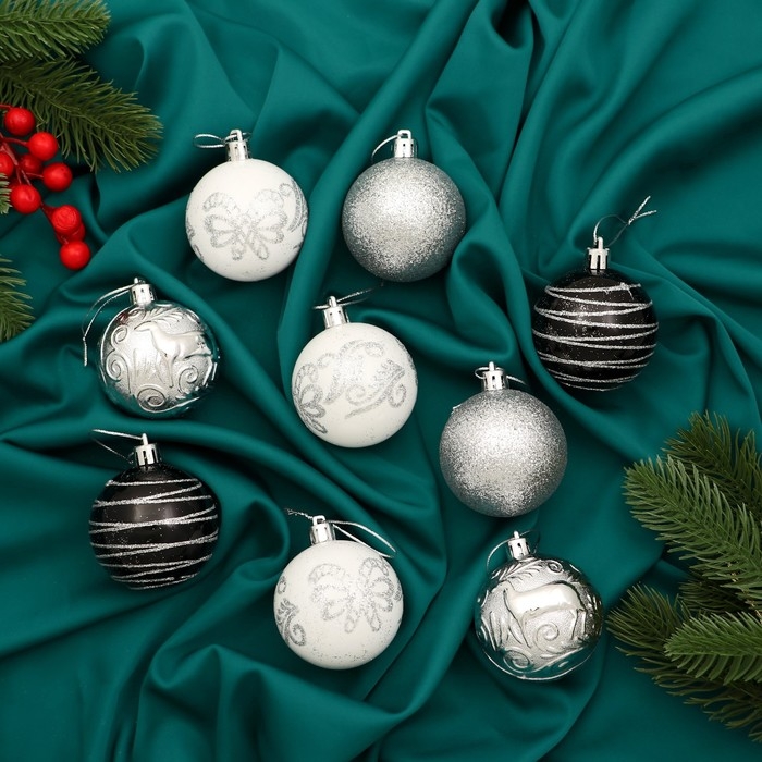 Набор шаров пластик d-6 см, 9 шт "Мелодия" орбита узор элит серебро, микс