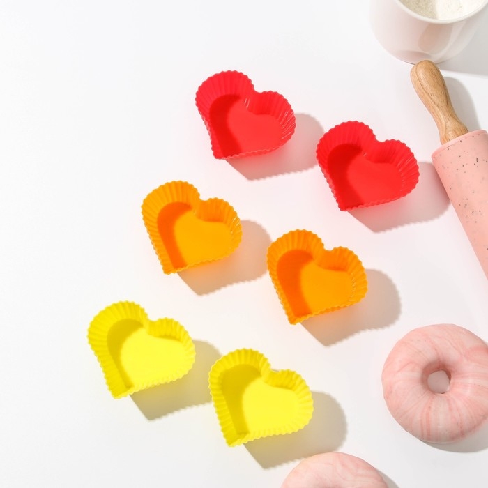Набор форм для выпечки Доляна &laquo;Риб.Сердце&raquo;, силикон, 7&times;3&times;6 см, 6 шт, цвет МИКС