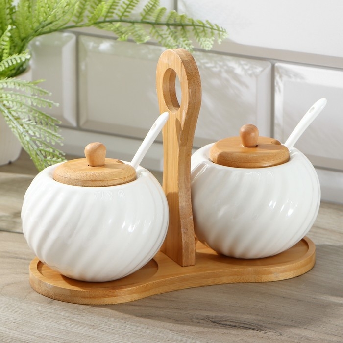 Набор банок керамических для сыпучих продуктов с ложками на деревянной подставке «Эстет», 2 предмета, 300 мл Набор банок керамических для сыпучих продуктов с ложками на деревянной подставке «Эстет», 2 предмета, 300 мл