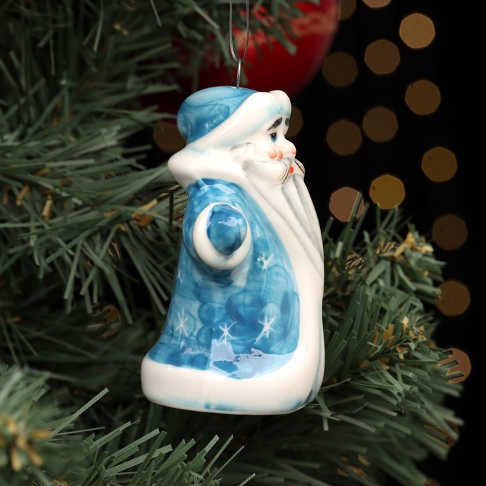 Ёлочная фарфоровая игрушка  "Дед Мороз", синяя шуба, 8,5 см