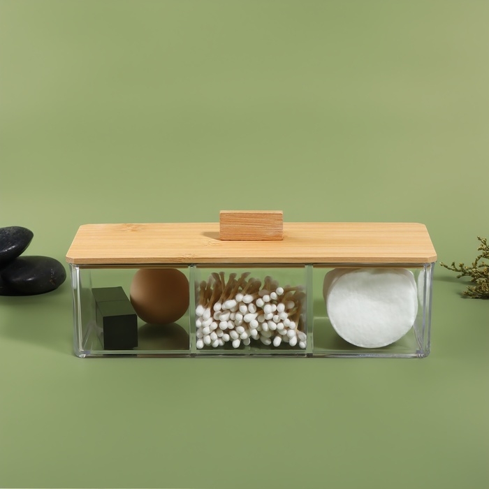 Органайзер для хранения «BAMBOO», с крышкой, 3 секции, 23,3 × 9,4 × 8,9 см, цвет прозрачный/коричневый Органайзер для хранения «BAMBOO», с крышкой, 3 секции, 23,3 × 9,4 × 8,9 см, цвет прозрачный/коричневый
