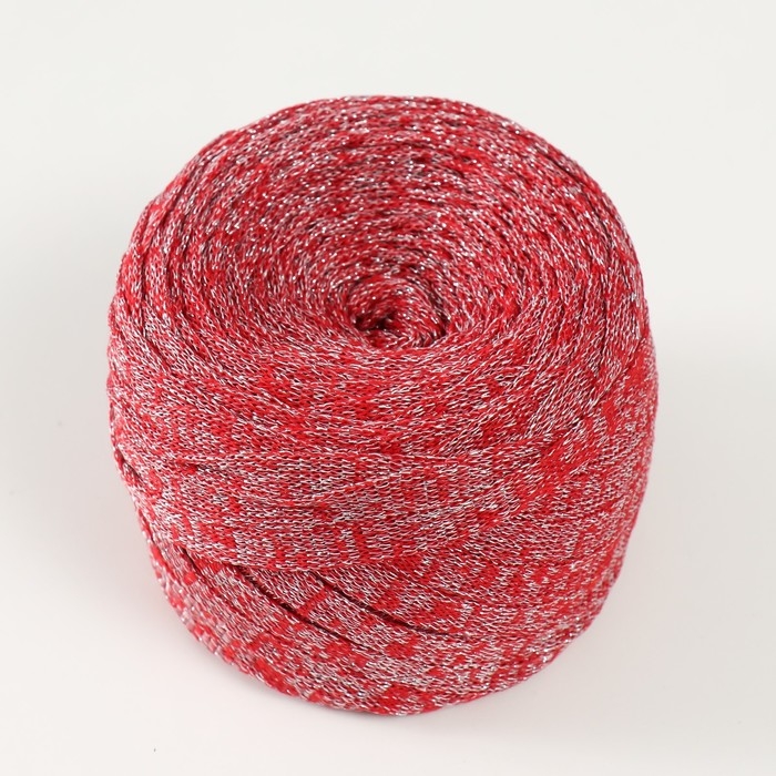 Трикотажная пряжа "Риббон" с люрексом 85м/170&plusmn;5 гр ( Красный, люрекс: Серебро)
