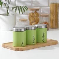 Набор банок для сыпучих продуктов Prime, 3 шт, с ложками, с хлебницей, цвет салатовый