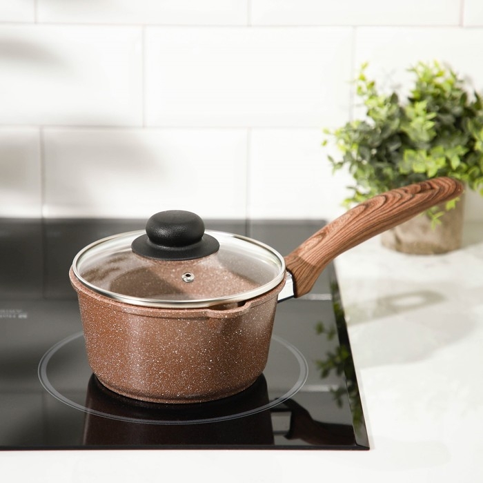 Ковш Доляна &laquo;Брауни&raquo;, 1,3 л, d=17 см, h=8,3 см, стеклянная крышка, антипригарное покрытие, индукция