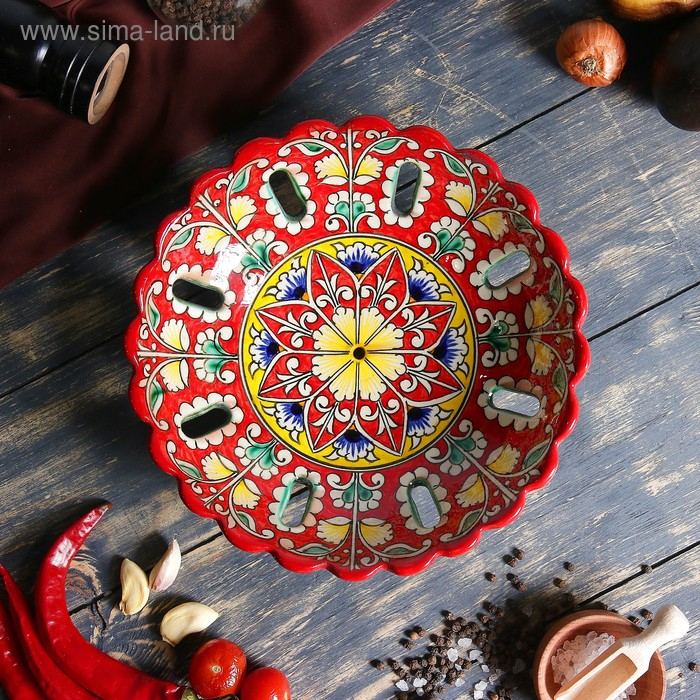 Фруктовница Риштанская Керамика Фруктовница Риштанская Керамика "Цветы", 23 см, красная